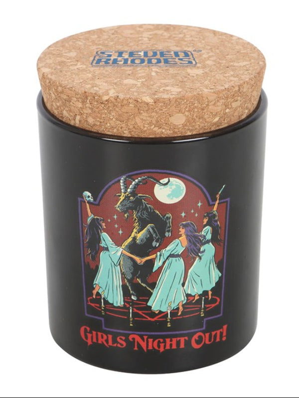 Black jar with cork lid featuring 'Girls Night Out' design and 'Stevie Rhodes' branding.