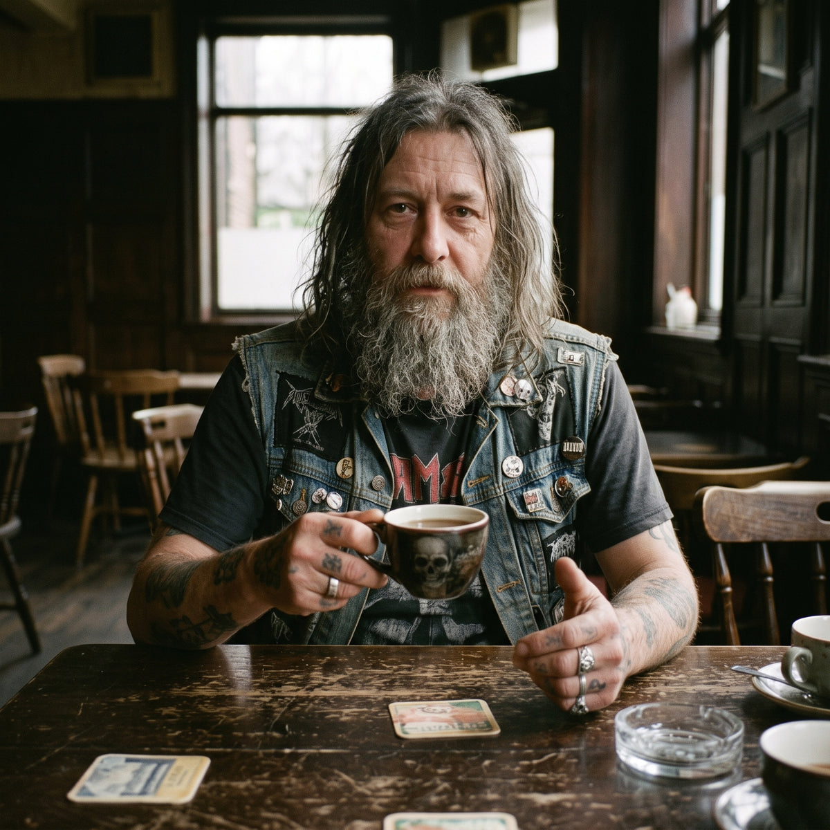 Metalhead drinking tea and looking at camera